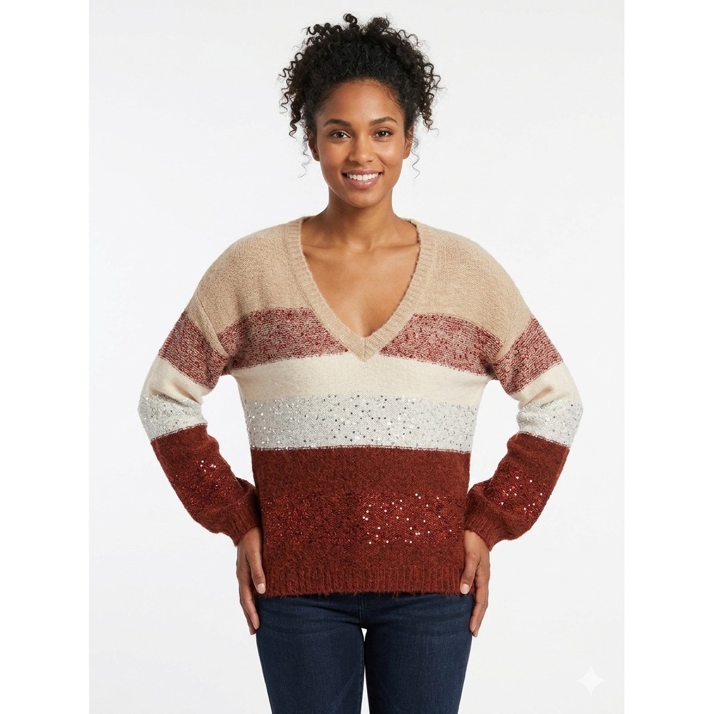 Adora Striped Sequin Indie Sweater Rust Boho Metallic Grunge CESW2224 M